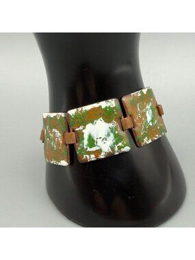 Handmade Vintage Copper Enamel Panel Link Bracelet Abstract